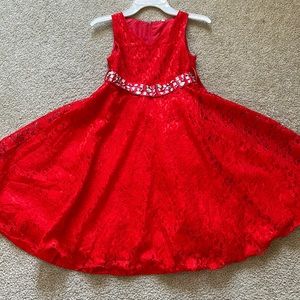 Girls Red Lace Dress with Embellished Belt size 4 Runs like a 6